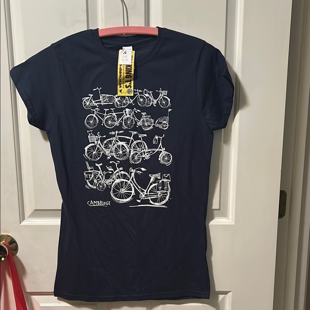 Ladies slim style Navy Blue Bicycle Print T-Shirt Cambridge MA USA size m